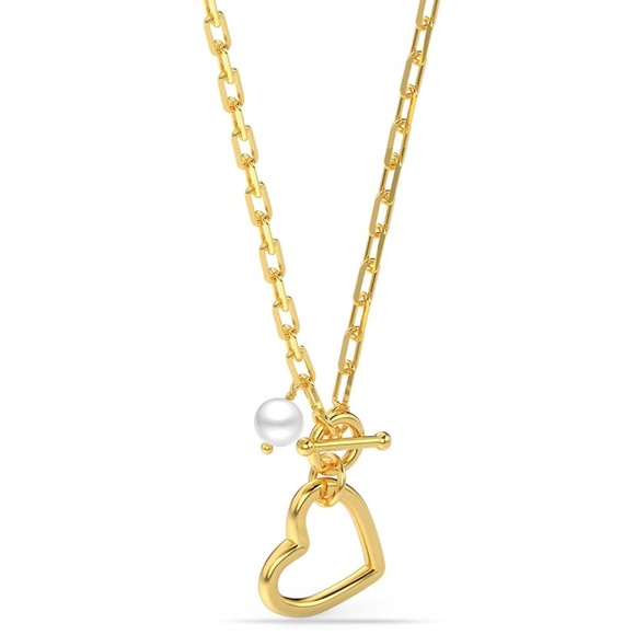 14k Yellow Gold Pearl Heart Paper Clip Chain Necklace - Picture 1 of 4